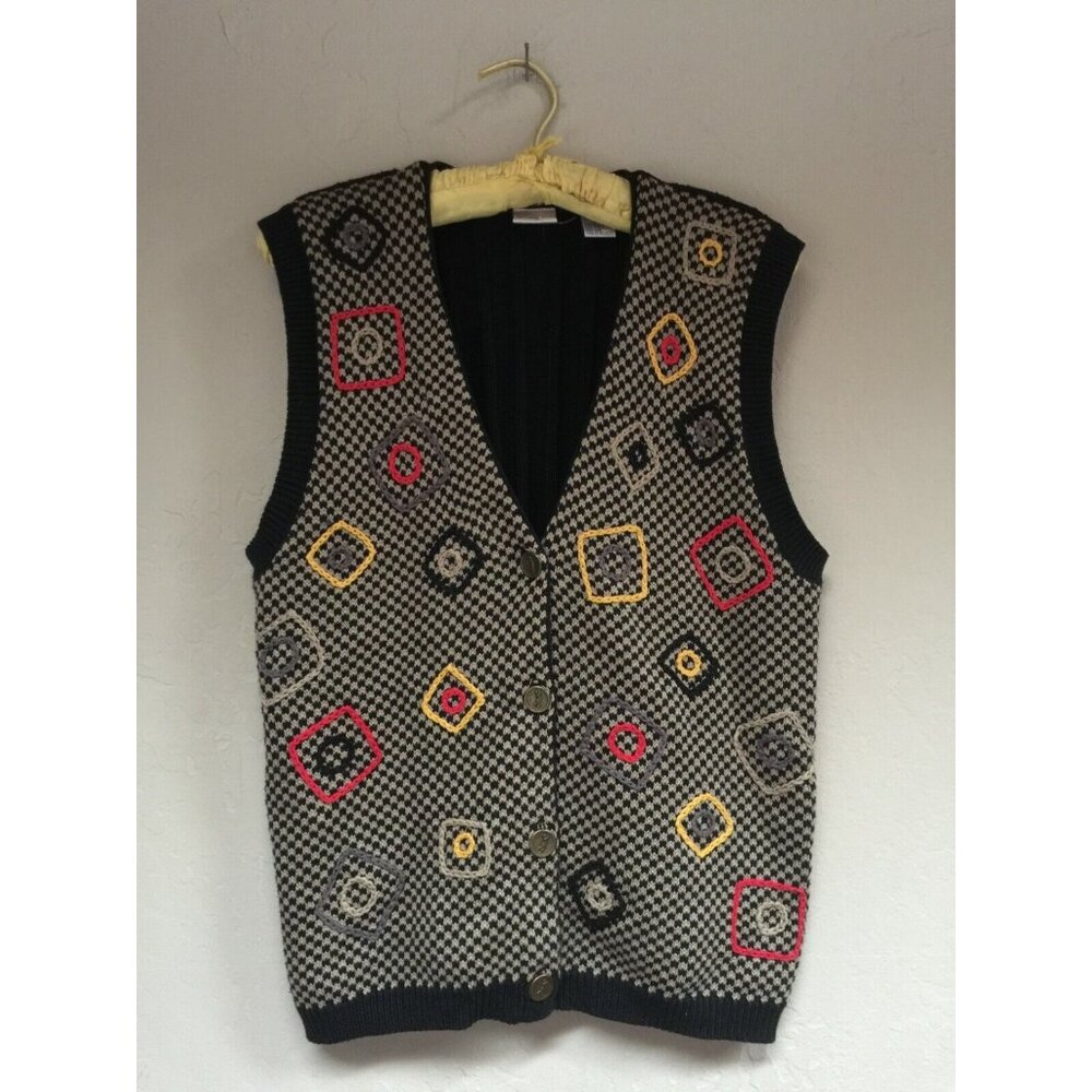 Jean Bell Women Button Down V-Neck Vest Embroider Knit Cotton Medium Black Multi